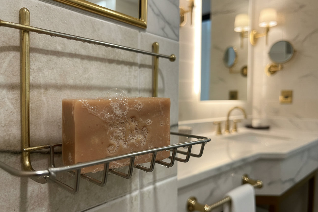 Bar of soap on a metal soap dish with water droplets on a tiled wall background