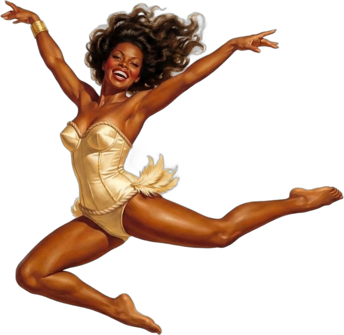 The Don't B. Ashy pin-up mid-leap like a dancer, arms flung wide, laughing in her cream-gold satin corset