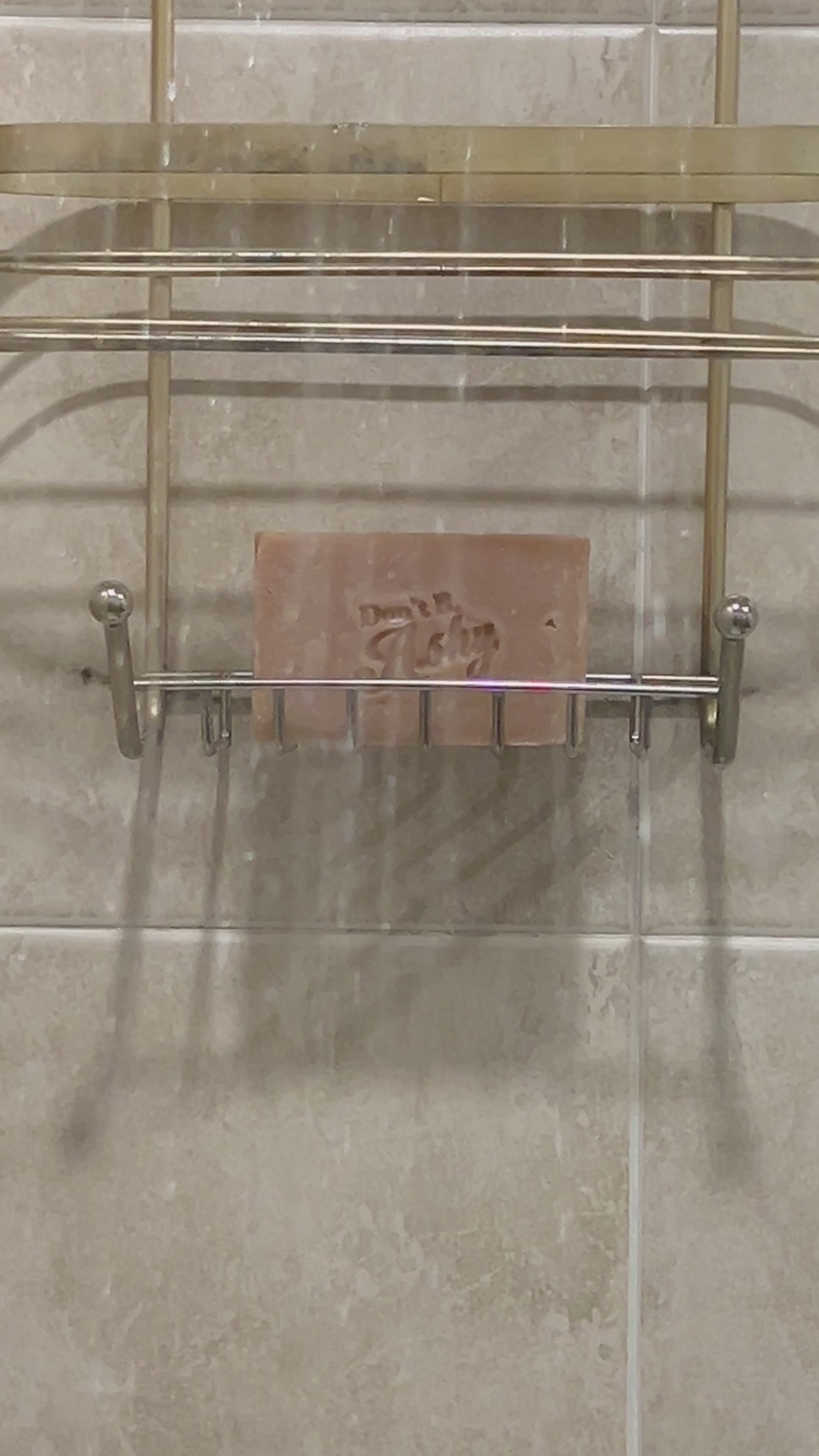 Soap in soap dish inside shower.